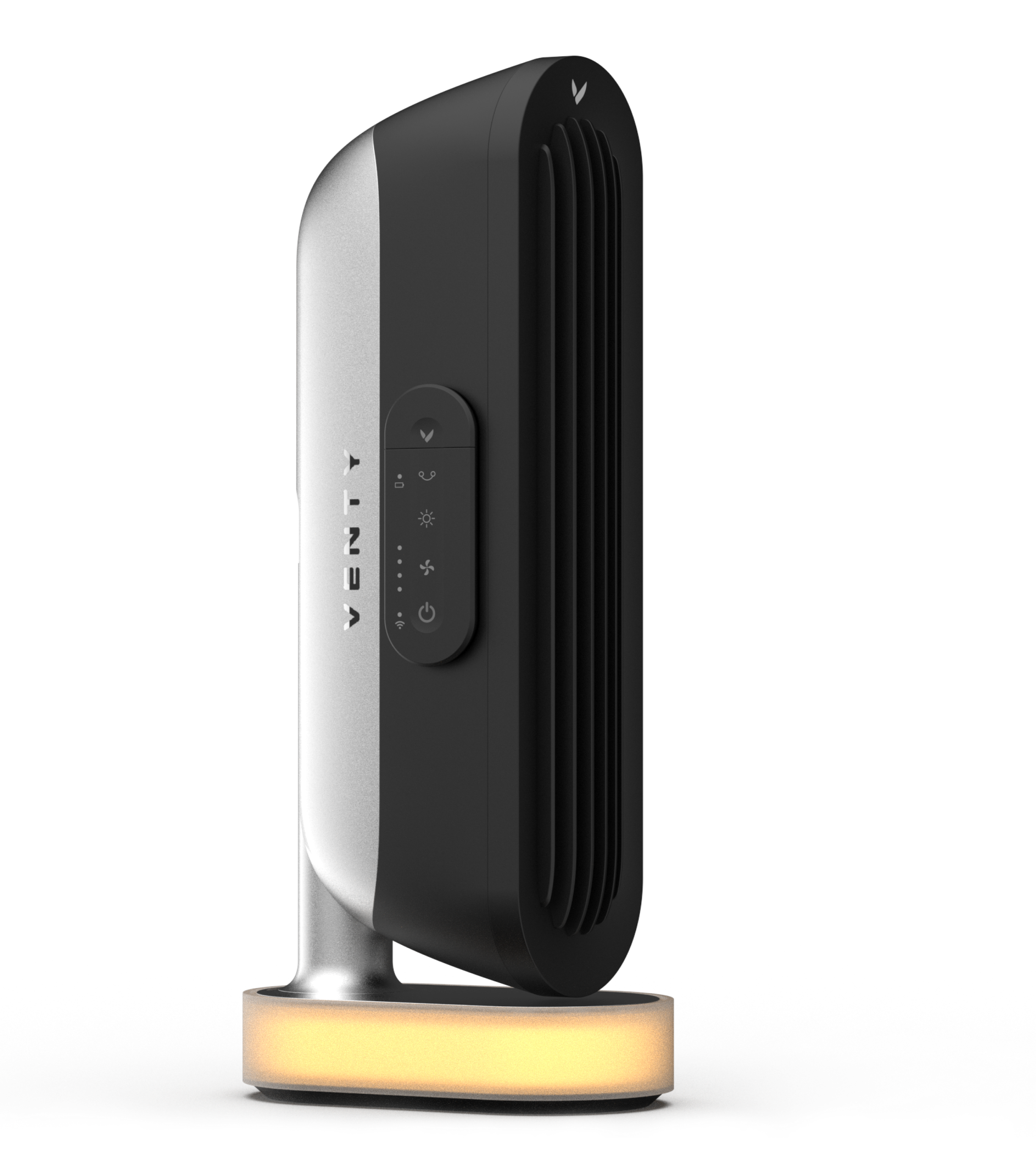 A black tower fan with a digital control panel, standing on a circular base.