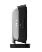 A black tower fan with a digital control panel, standing on a circular base.